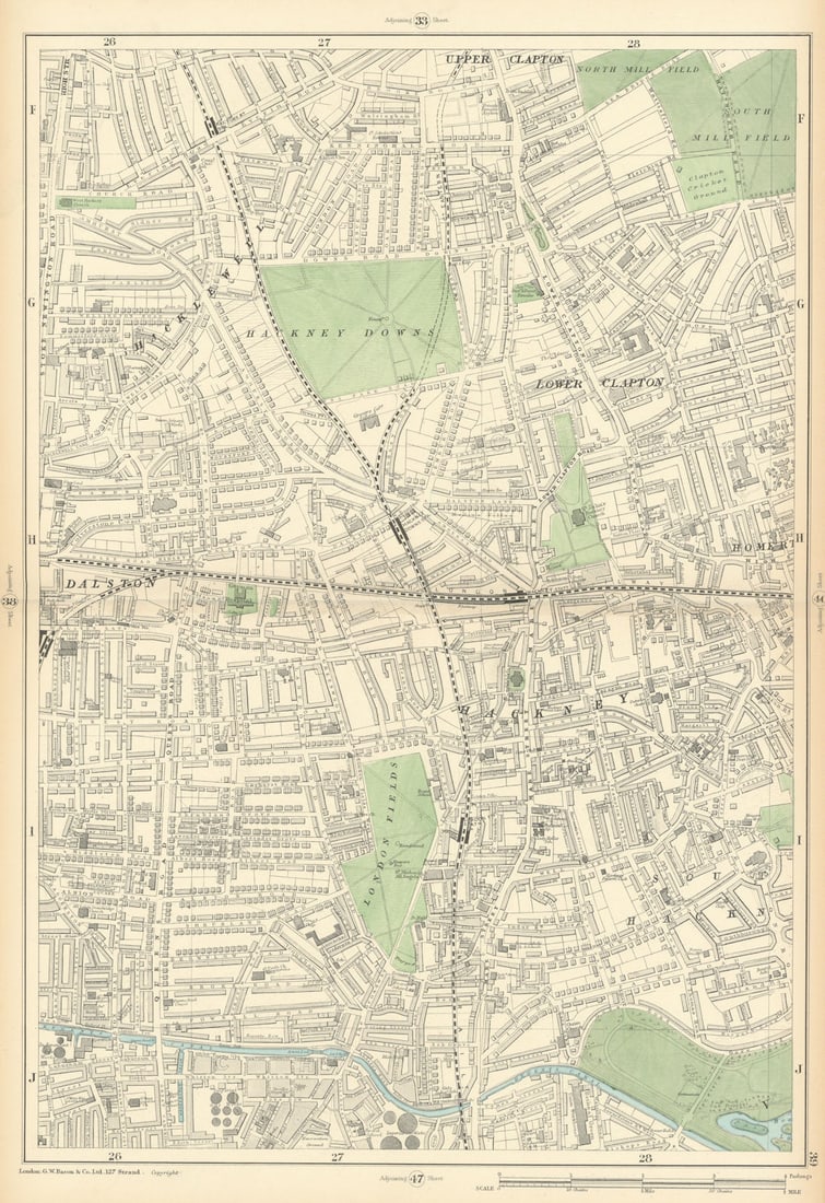 HACKNEY Lower Clapton Dalston Shacklewell London Fields Homerton 1900 old map: Sheet 39 from Bacon's 1900 London street atlas covering part of North London including Lower Clapton, Dalston, Hackney Downs, Shacklewell, London Fields, Homerton' by Bacon, George Washington & Co. Pu