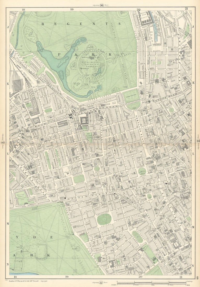 MAYFAIR MARYLEBONE Regent's Park Fitzrovia Bayswater Soho Hyde Park 1900 map: Sheet 44 from Bacon's 1900 London street atlas covering part of Central London including Regent's Park, Mayfair, Marylebone, Fitzrovia, Lisson Grove, Bayswater, Soho, Hyde Park' by Bacon, George Washi