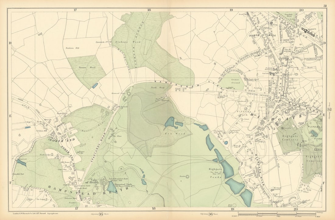 HAMPSTEAD HEATH Highgate Golders Green Hampstead Garden Suburb 1900 map: Sheet 31 from Bacon's 1900 London street atlas covering part of North London including Highgate, Hampstead Heath, Golders Green, Hampstead Garden Suburb' by Bacon, George Washington & Co. Published