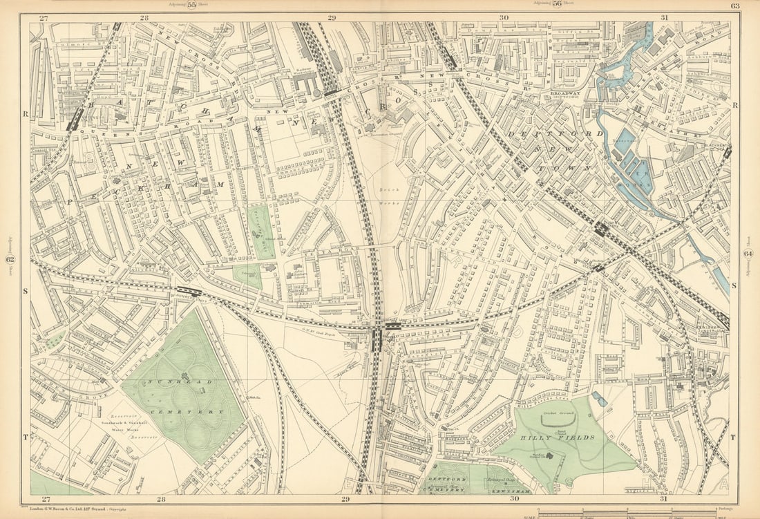 NEW CROSS Deptford Nunhead Lewisham St John's Nunhead Brockley Deptford 1900 map: Sheet 63 from Bacon's 1900 London street atlas covering part of South East London including New Cross, Deptford, Nunhead, Lewisham, St John's, New Cross Gate, Nunhead, Brockley, Deptford' by Bacon,
