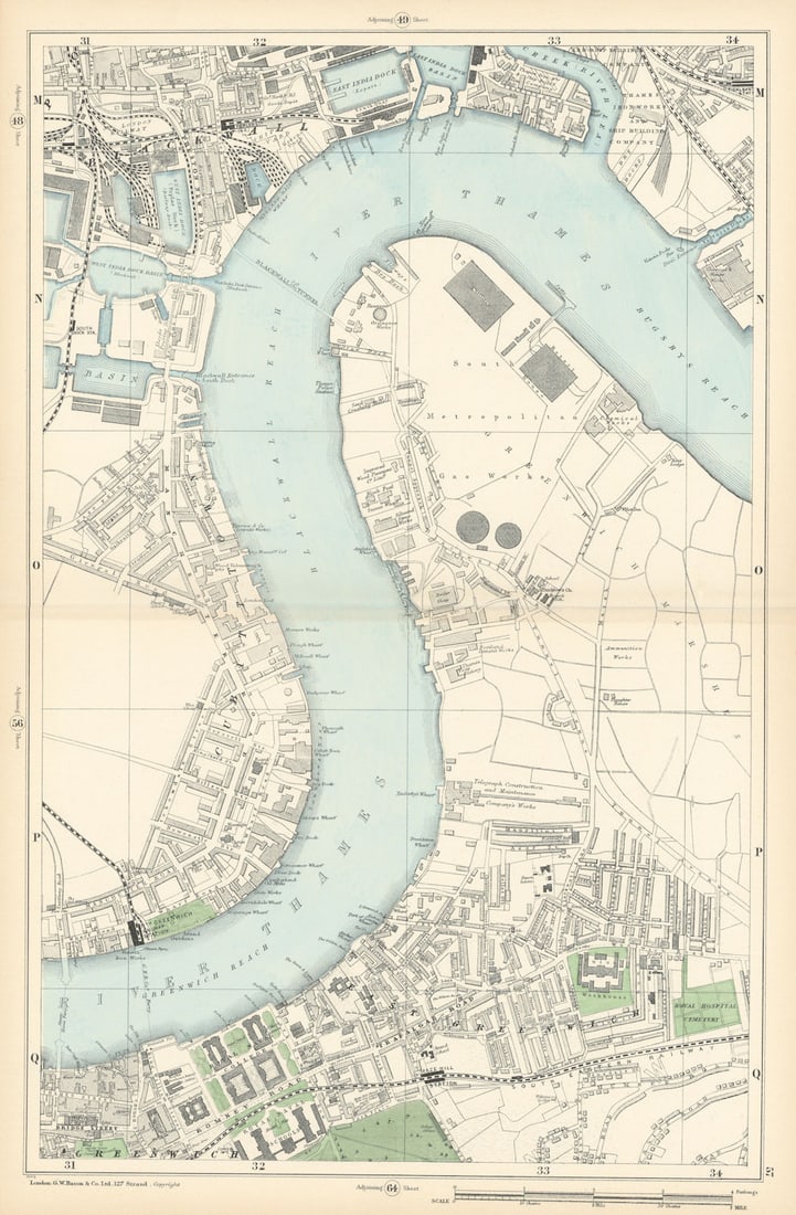 North GREENWICH Peninsula & BLACKWALL Cubitt Town West India Docks 1900 map: Sheet 57 from Bacon's 1900 London street atlas covering part of South East London including Cubitt Town, Greenwich, Blackwall, North Greenwich Peninsula, West India Docks, Maze Hill' by Bacon, George