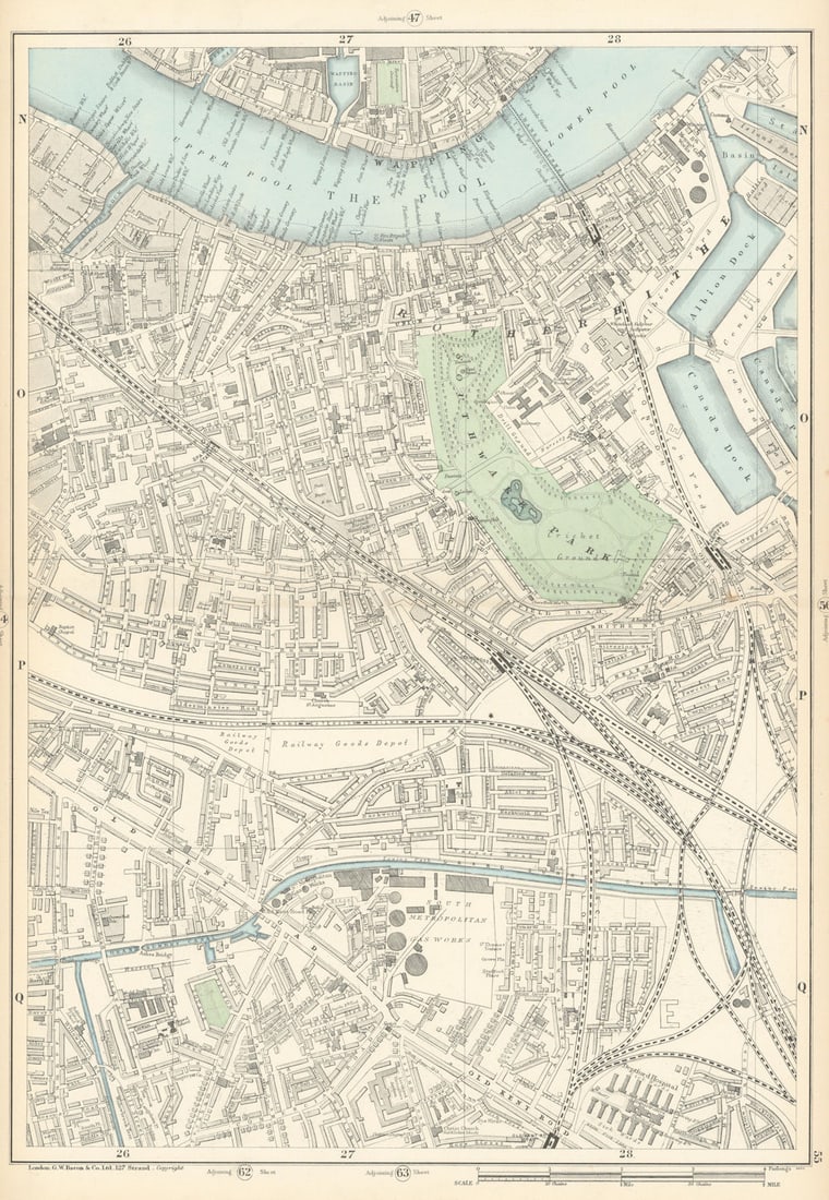 BERMONDSEY Rotherhithe Old Kent Road Wapping Canada Water Surrey Quays 1900 map: Sheet 55 from Bacon's 1900 London street atlas covering part of South London including Rotherhithe, Bermondsey, Old Kent Road, Pool of London, Wapping, Canada Water, Surrey Quays' by Bacon, George Was