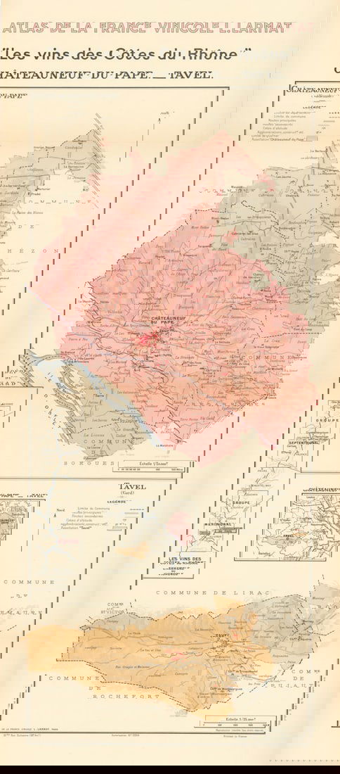 RHÔNE WINE MAP. Châteauneuf-du-Pape AOC & Tavel AOC. LARMAT 1943 old: Les Vins des Côtes du Rhône - Châteauneuf du Pape - Tavel' (Atlas de la France Vinicole L. Larmat) by Larmat, Louis. Published 1943. Very decorative vintage colour map showing in