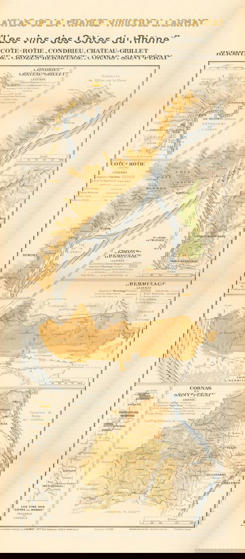 RHÔNE WINE MAP North. Côte-Rôtie Condrieu Hermitage Cornas St-Péray. LARMAT 1943: Les Vins des Côtes du Rhône - Côte-Rôtie. Condrieu. Château-Grillet. Hermitage. Crozes-Hermitage. Cornas. Saint-Péray' (Atlas de la France Vinicole L. Larmat) by Larmat,