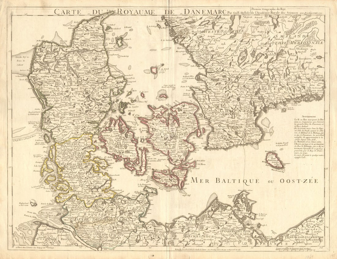 ROYAUME DE DANEMARC'. Denmark Scleswig Holstein S. Sweden. DE L'ISLE c1769 map: Carte du Royaume de Danemarc'. Engraved map of the Kingdom of Denmark including the Duchies of Schleswig and Holstein, and Skania/Skane (Southern Sweden) with original outline colour. Cities marked