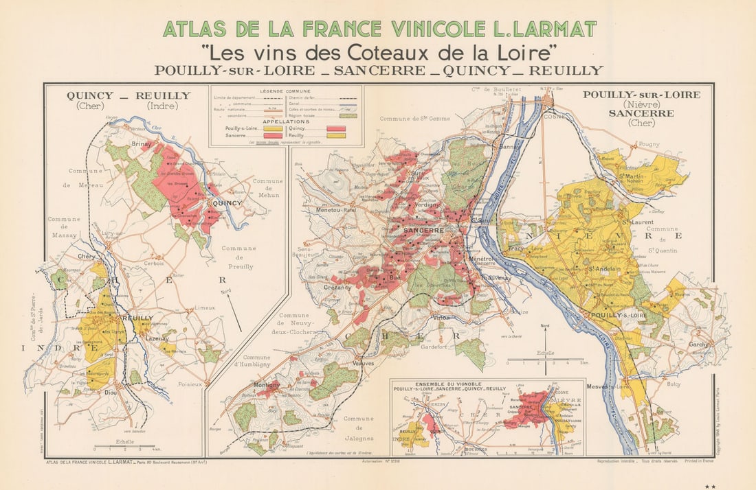 LOIRE WINE MAP Pouilly-Fumé Sancerre Quincy Reuilly. Appellations. LARMAT 1946: Les Vins des Coteaux de la Loire - Pouilly-sur-Loire - Sancerre - Quincy - Reuilly' (Atlas de la France Vinicole L. Larmat) by Larmat, Louis. Published 1946. Very decorative vintage colour map showing