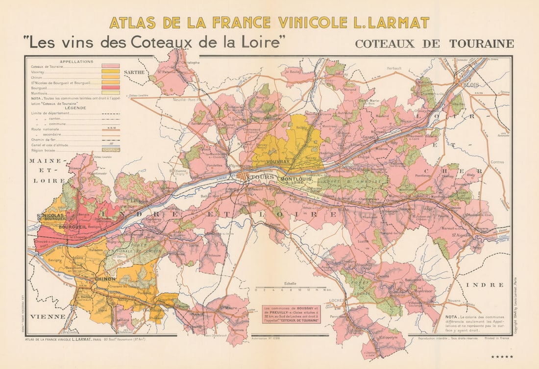 LOIRE WINE MAP Coteaux de Touraine Vouvray Chinon Montlouis AOC. LARMAT 1946: Les Vins des Coteaux de la Loire - Coteaux de Touraine' (Atlas de la France Vinicole L. Larmat). The map shows the broad Coteaux de Touraine appellation (pink) along with the appellations of Bourgueil