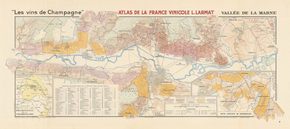CHAMPAGNE VINEYARD MAP Vallée de la Marne. Ay Mareuil Dizy-Magenta. LARMAT 1944: Les Vins de Champagne - Vallée de la Marne' (Atlas de la France Vinicole L. Larmat). This highly detailed map names and delineates the individual vineyards. The colours of the vineyards indicate