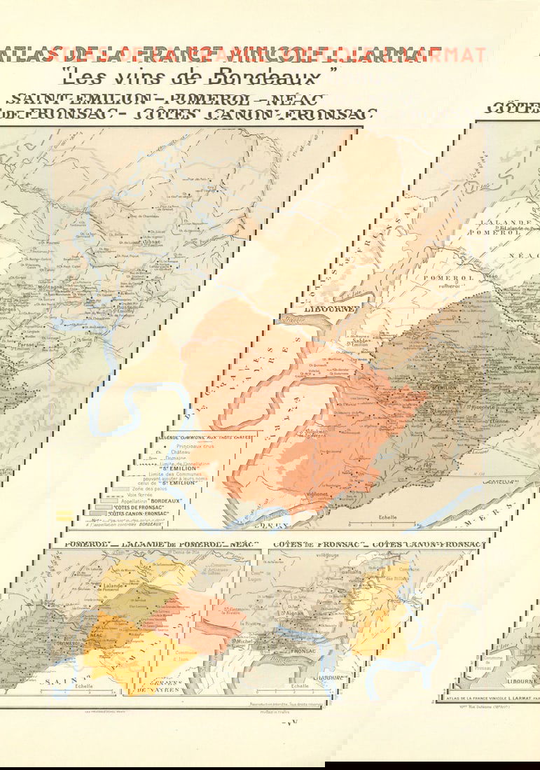 BORDEAUX VINS WINE MAP. St Emilion Pomerol Néac Côtes Canon-Fronsac.LARMAT 1944: Les Vins de Bordeaux - Les Vins de Bordeaux: St Emilion - Pomerol - Néac - Côtes de Fronsac - Côtes Canon-Fronsac.' (Atlas de la France Vinicole L. Larmat) by Larmat, Louis. Published 1
