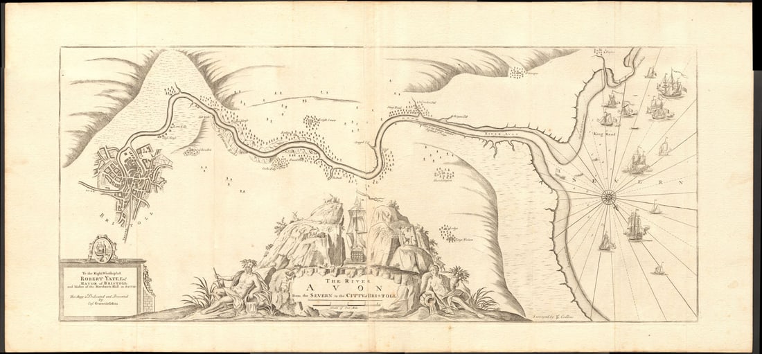 The River Avon from the Severn to the Citty of Bristoll'. COLLINS c1774 map: The River Avon from the Severn to the Citty of Bristoll - To the Right Worshipfull Robert Yate Esqr. Mayor of Bristoll and Master of the Merchants Hall in that City, this mapp is dedicated and