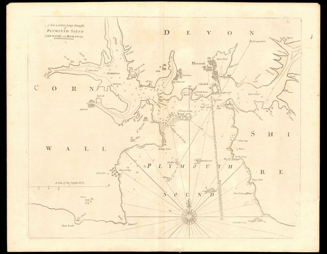 PLYMOUTH SOUND, Cattewater & Hamoaze sea chart by Capt G. COLLINS c1774 map: A new & correct large Draught of Plymouth Sound, Catt Water and Ham Owse'. A detailed sea chart of Plymouth Sound, the Hamoaze and the Cattewater. In addition to Plymouth itself, a number of other
