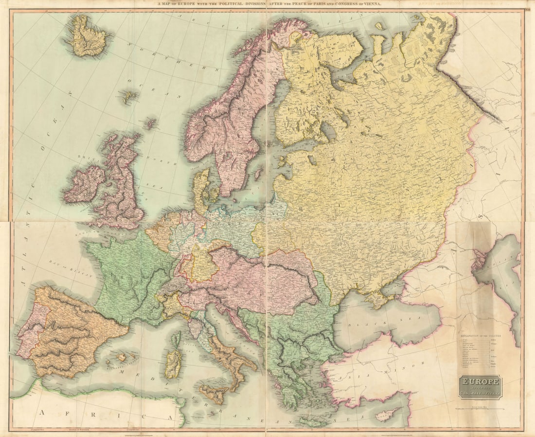 Europe after the Congress of Vienna. 4 sheets. 128x106cm. THOMSON 1817 old map: A map of Europe, with the political divisions after the Peace of Paris and Congress of Vienna [4 sheets]. This very large map, printed on 4 sheets, shows a re-aligned Europe after the Congress of