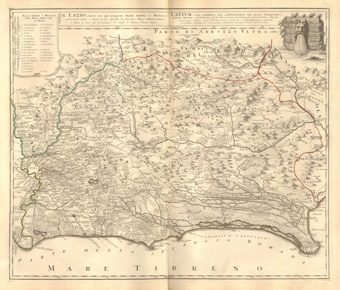 Il Lazio con le sue piu cospicue strade antiche e moderne.Latium.HOMANN 1745 map: Il Lazio con le sue piu cospicue strade antiche e moderne / Latium cum omnibus suis celebrioribus quoad antiquum & novum statum [Lazio, with its most important roads, ancient and modern]. The map