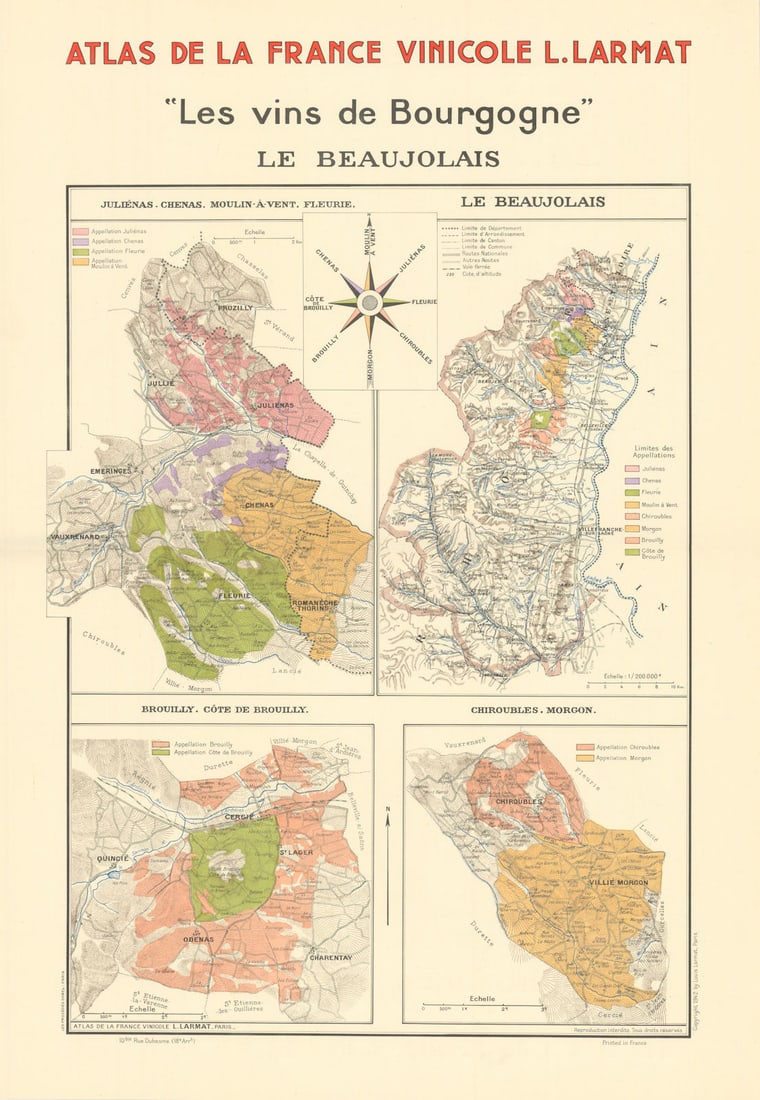 BURGUNDY BOURGOGNE WINE MAP Le Beaujolais. Appellations vineyards. LARMAT 1942: Les Vins de Bourgogne - Le Beaujolais - Juliénas. Chenas. Moulin-à-Vent. Fleurie - Brouilly. Côte de Brouilly - Chiroubles. Morgon' (Atlas de la France Vinicole L. Larmat). The map; div