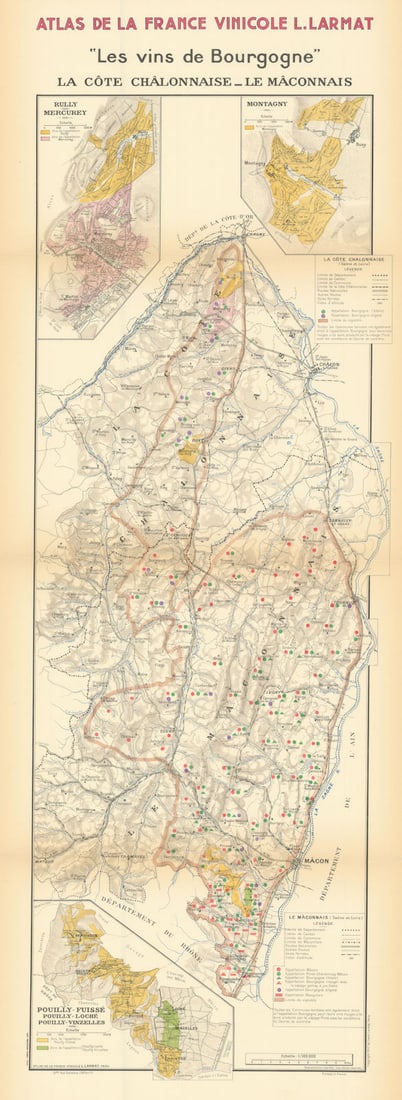 BURGUNDY BOURGOGNE WINE MAP Côtes Châlonnaise Mâconnais appellations LARMAT 1942: Les Vins de Bourgogne - La Côte Châlonnaise - Le Mâconnais - Rully & Mercurey - Montagny - Pouilly-Fuissé, Pouilly-Loché & Pouilly-Vinzelles' (Atlas de la France Vinic