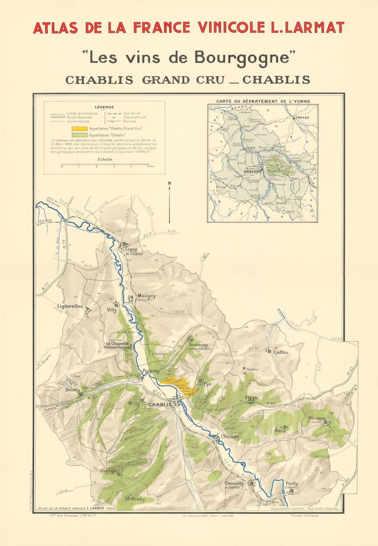 BURGUNDY BOURGOGNE WINE MAP Chablis appellations vineyards vignobles LARMAT 1942: Les Vins de Bourgogne - Chablis Grand Cru - Chablis' (Atlas de la France Vinicole L. Larmat). The appellation of Chablis Grand Cru is marked is yellow; the Chablis appellation is marked in green. Indi
