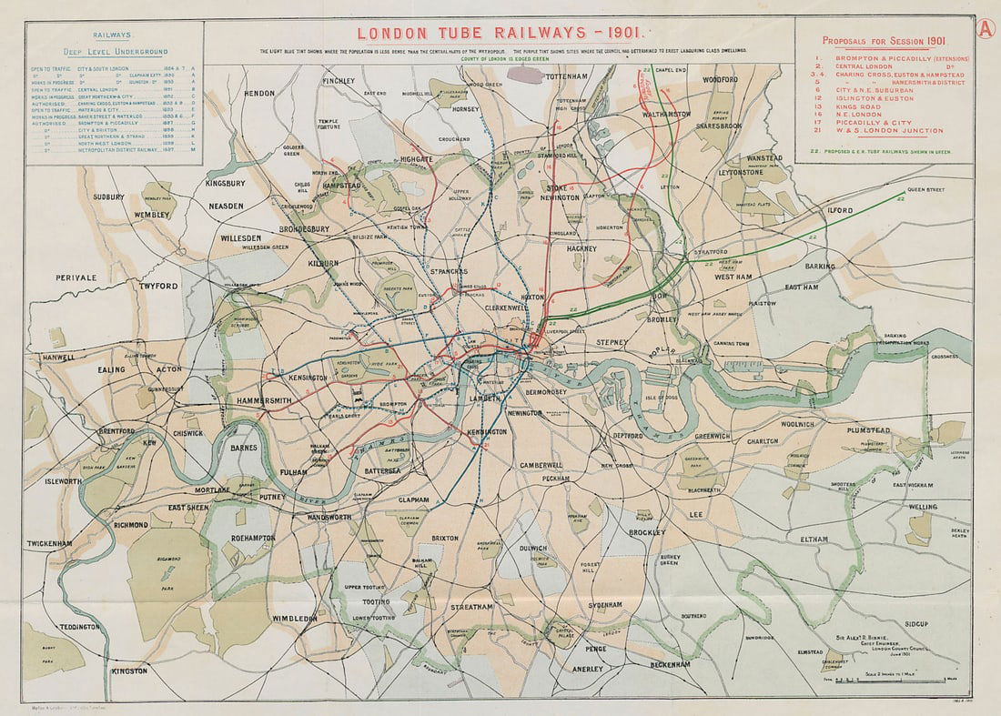 London Tube Railways. 11 proposed new/extended Underground lines HMSO 1901 map: London tube railways 1901'. This fascinating map, drafted by the Civil Engineer Sir Alexander Binnie in his capacity as Chief Engineer of London County Council, shows the development to date and propo