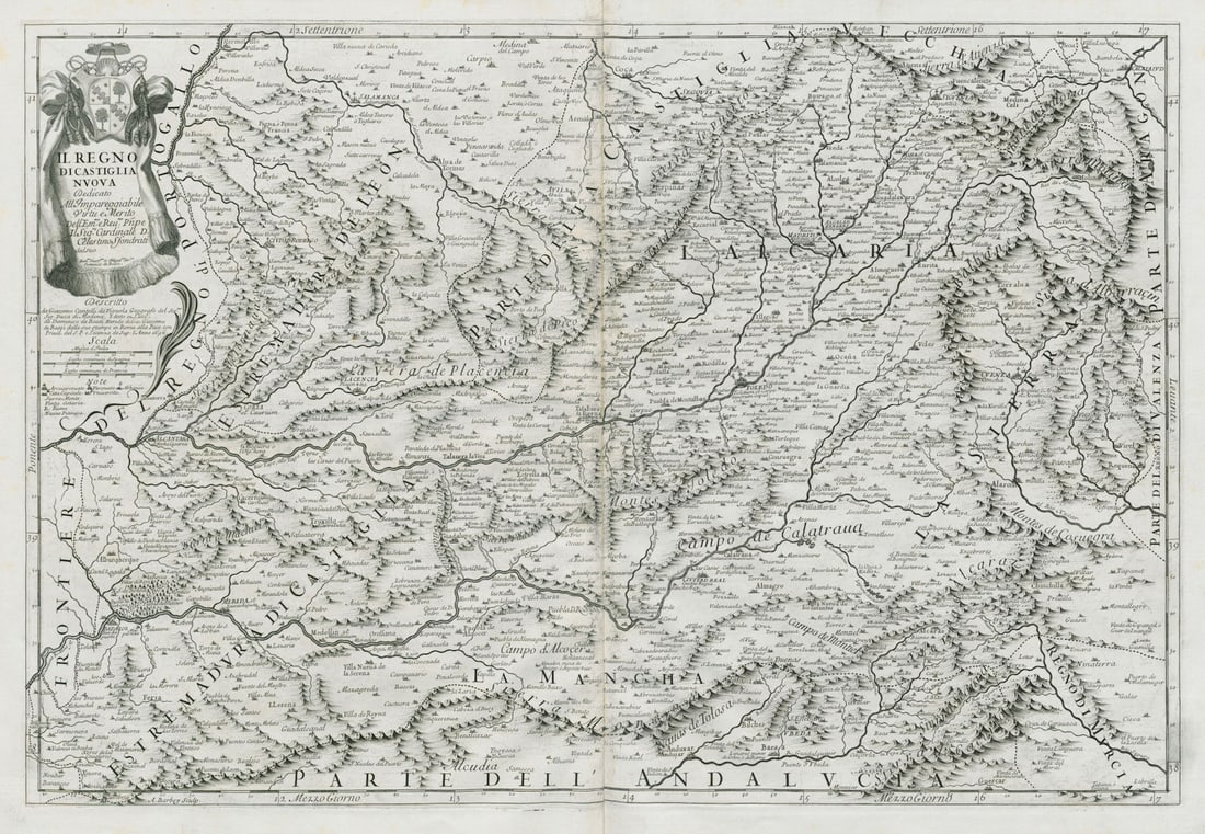 Il Regno di Castiglia Nuova. New Castile. Castilla Nueva ROSSI/CANTELLI 1696 map: Il Regno di Castiglia Nuova [The Kingdom of New Castile]. Castilla la Nueva, central Spain, including Madrid, Segovia, Toledo, Alcantara & Badajoz . Published by Giovanni Giacomo de Rossi.