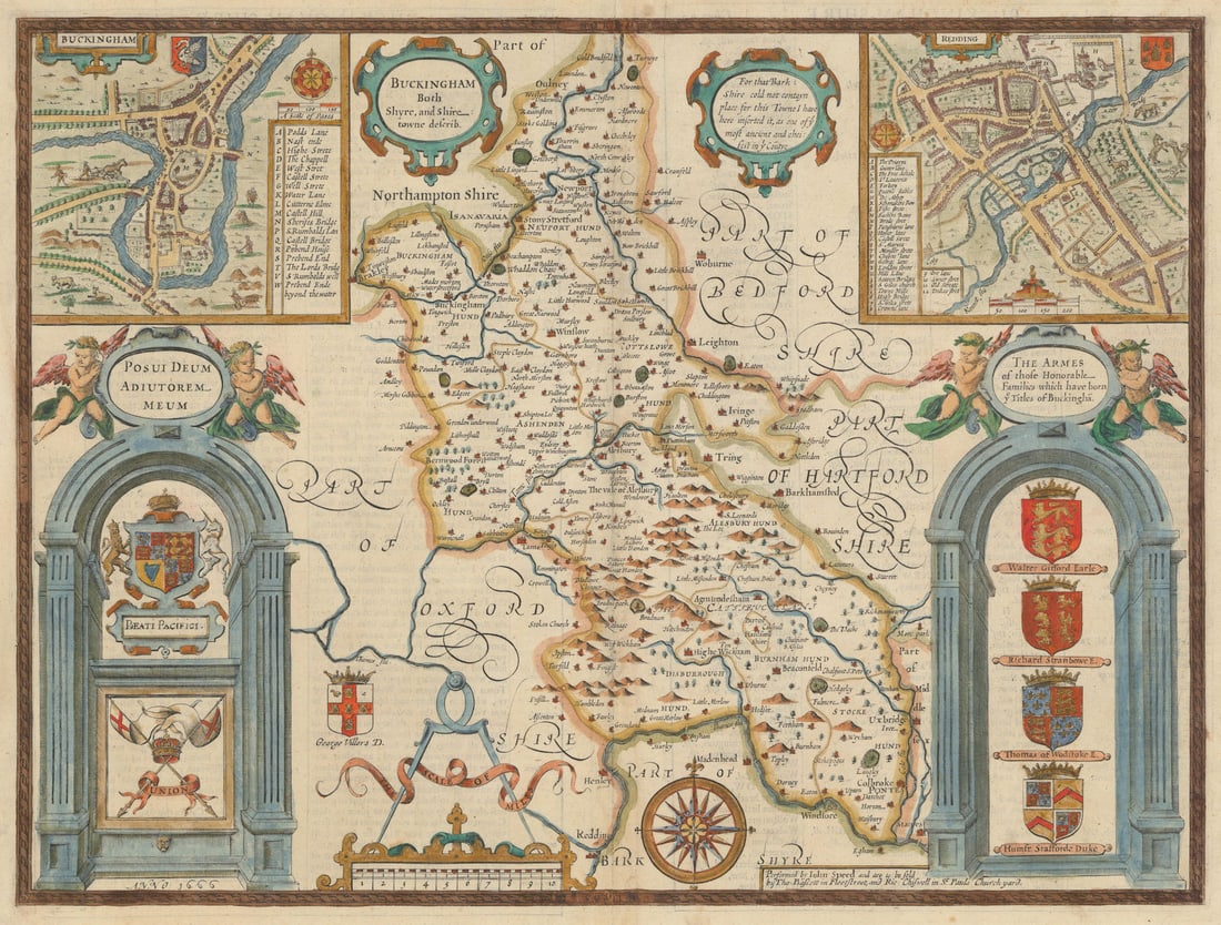 Buckinghamshire county map by John Speed. Bassett & Chiswell edition 1676: Buckingham both Shyre, and Shire towne describ.'. The map includes inset plans of the towns of Buckingham and Reading . Performed by John Speed and are to be sold by Tho. Bassett in Fleet Street and