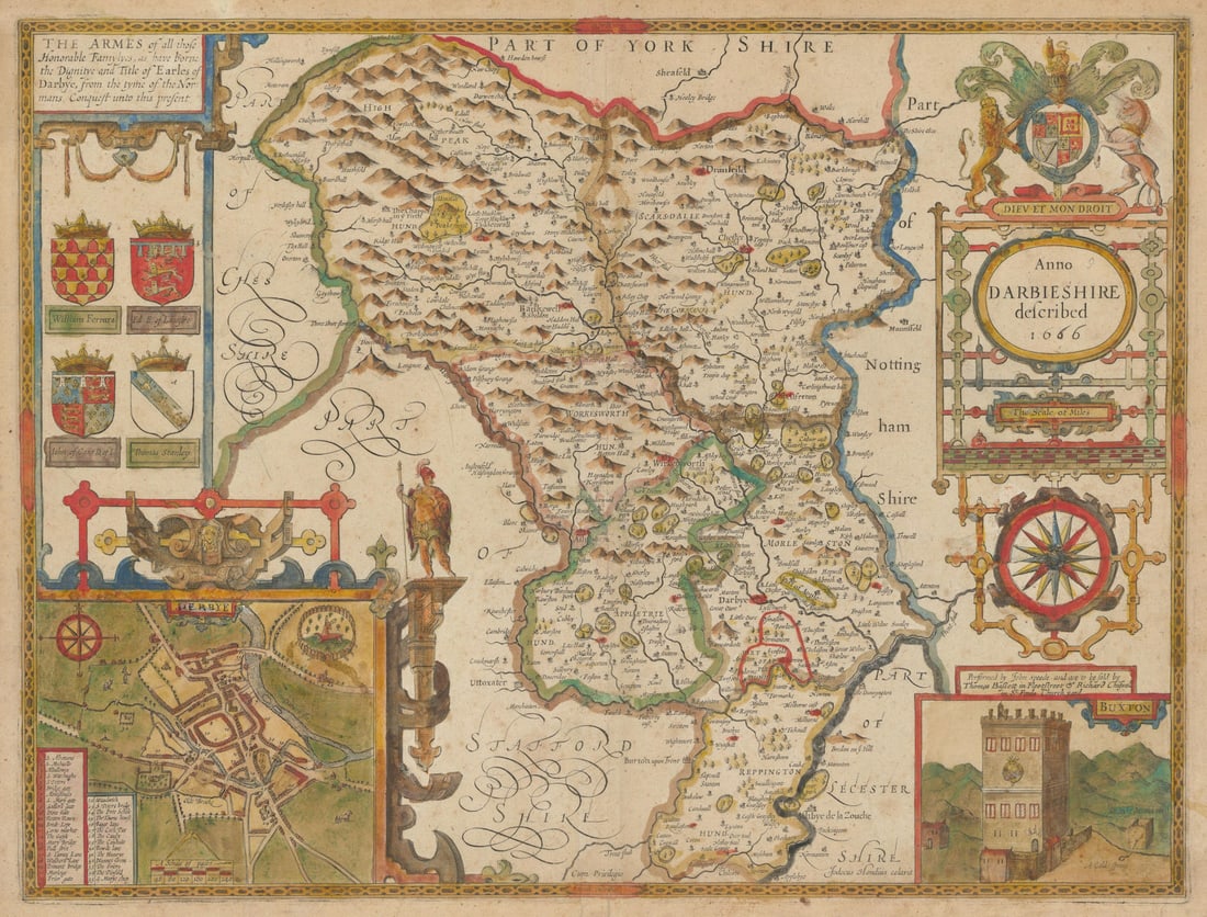 Darbieshire. Derbyshire county map by John Speed. Bassett/Chiswell edition 1676: Darbieshire described Anno 1666'. The map includes an inset plan of the city of Derby . Performed by John Speede and are to be sold by Thomas Bassett in Fleet Street and Richard Chiswell in St.