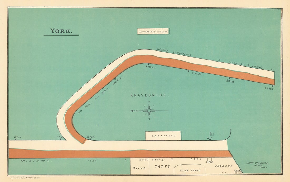 York racecourse, Yorkshire. Knavesmire. BAYLES 1903 old antique map plan chart: York'. F.H. Bayles, printed by Southwood Smith & Co. Ltd., London. Surveyed by John Teesdale, Lendal, York. Published 1903. Decorative chromolithographic antique race course map. Size 28 x 44 cm |