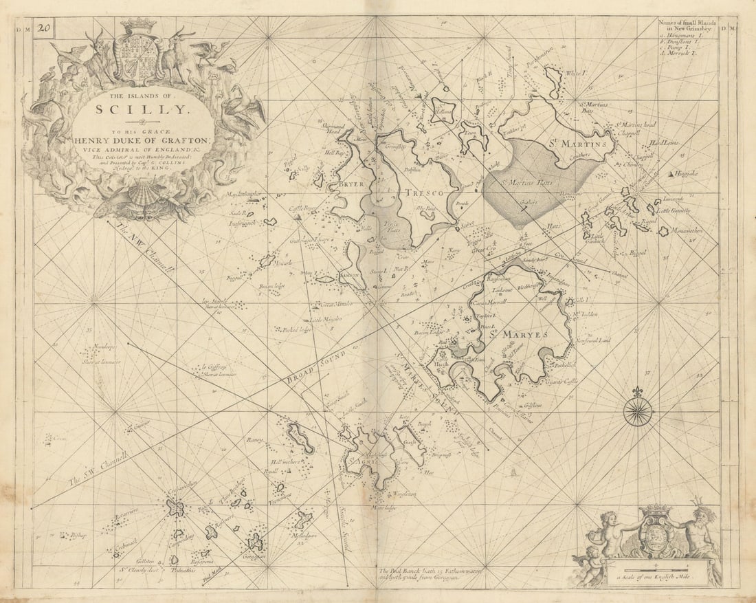 THE ISLANDS OF SCILLY sea chart by Captain Greenvile. COLLINS 1723 old map: The Islands of Scilly - To His Grace Henry Duke of Grafton; Vice Admiral of England & this chart is most humbly dedicated; and presented by Capt. G. Collins, Hydrogr. to the KIng'. This