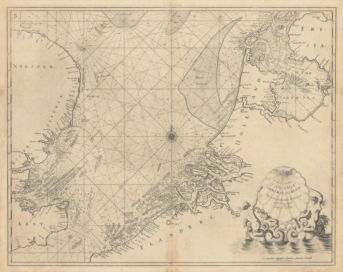 NORTH SEA coast chart. East Anglia Kent Holland Flanders. COLLINS 1723 old map (1 of 1)