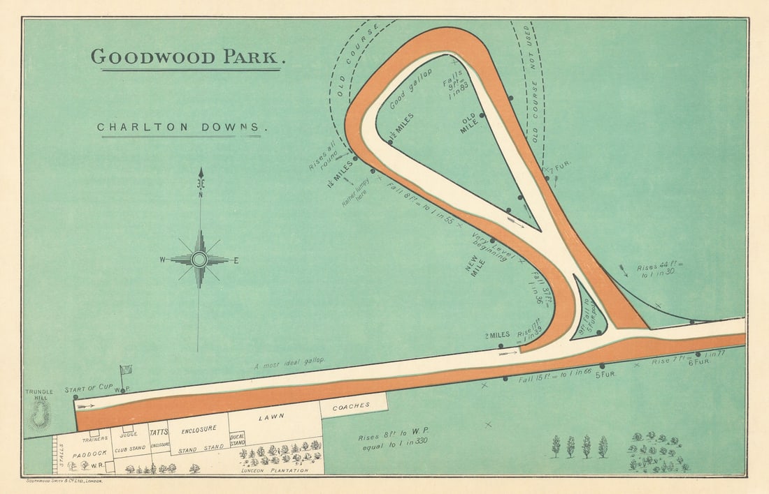 Goodwood Park racecourse, Sussex. Charlton Downs. BAYLES 1903 old antique map: Goodwood Park'. F.H. Bayles, printed by Southwood Smith & Co. Ltd., London. Published 1903. Decorative chromolithographic antique race course map. Size 28 x 43 cm | 11.0 x 17.0 inches. Condition: Good