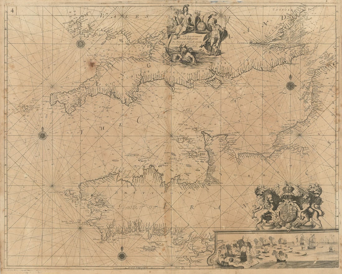 English Channel. Southern England & Wales. Brittany Normandy. COLLINS 1693 map: [English Channel; the coasts of Southern England & Wales, and Northern France] - To the Rt Honourable Admirall Killegrew this chart is humbly Dedicated & Presented by Capt. G. Collins. The