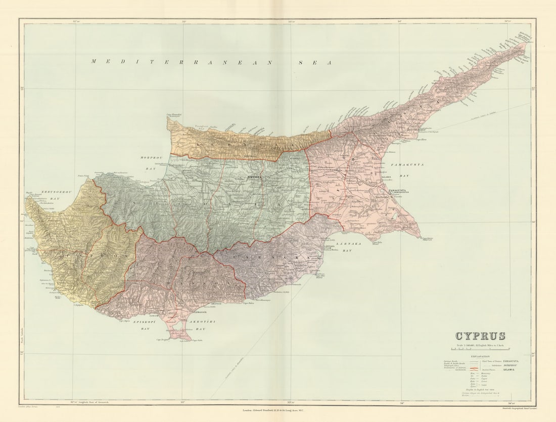 Cyprus. Districts. Ancient sites. Large 51x66cm. STANFORD 1904 old antique map: Cyprus'. Stanford's Geographical Establishment. Published 1904. Large (folio) antique atlas map. Size 51 x 66 cm | 20.0 x 26.0 inches. Condition: Good; suitable for framing. The image shown may have