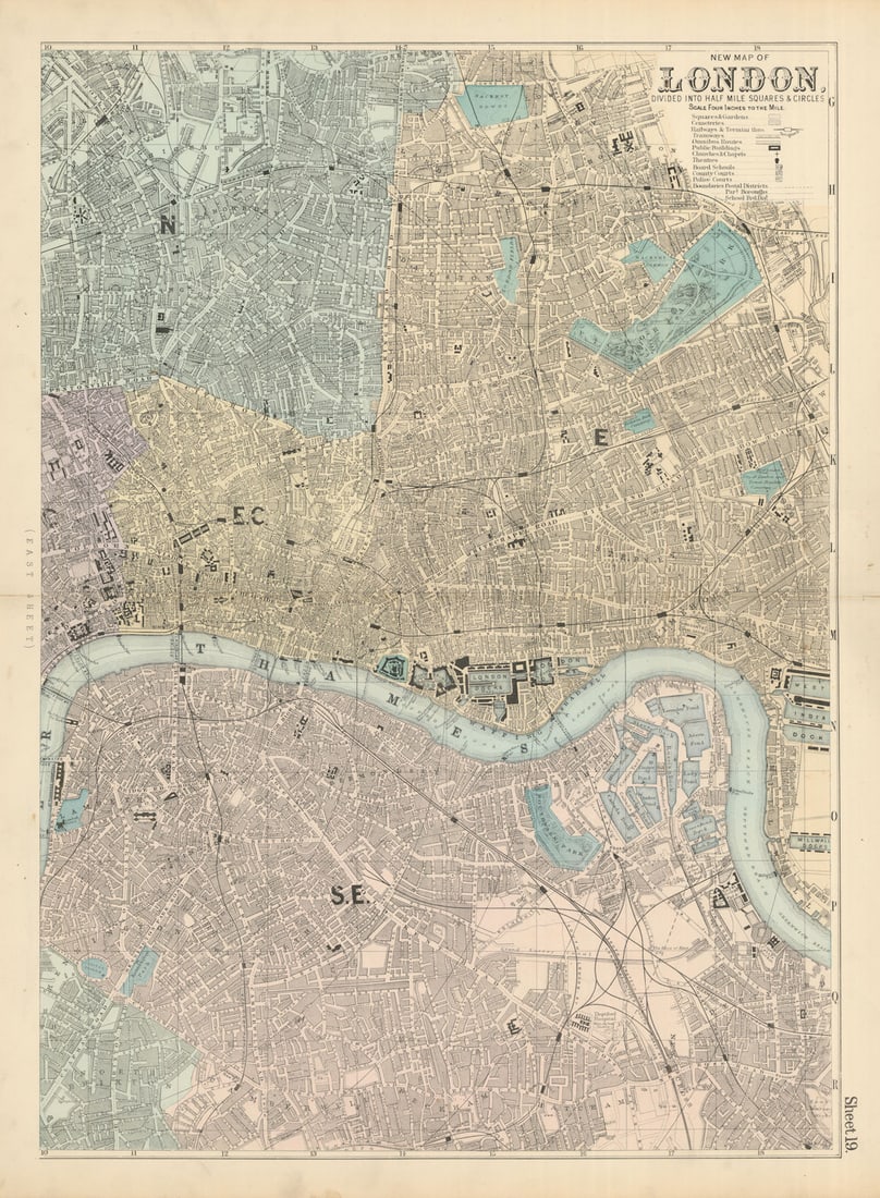 EAST LONDON. Southwark City Bermondsey Islington Hackney Bow. BACON 1883 map: New Map of London, divided into half mile squares & circles (East Sheet)' by Bacon, George Washington & Co. Published 1883. Hand-coloured antique map. Size 68 x 50 cm | 27.0 x 19.5 inches. Conditi