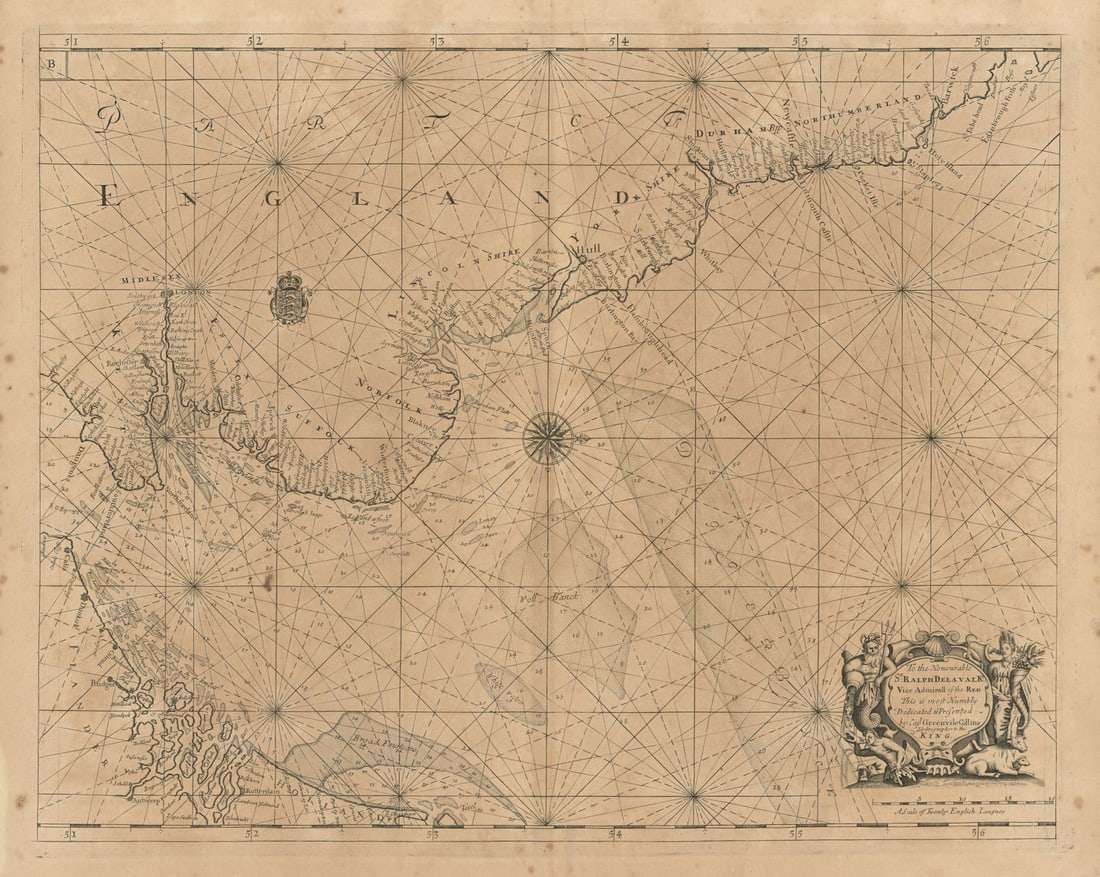 NORTH SEA coast chart. East coast of England Holland Flanders. COLLINS 1693 map (1 of 1)