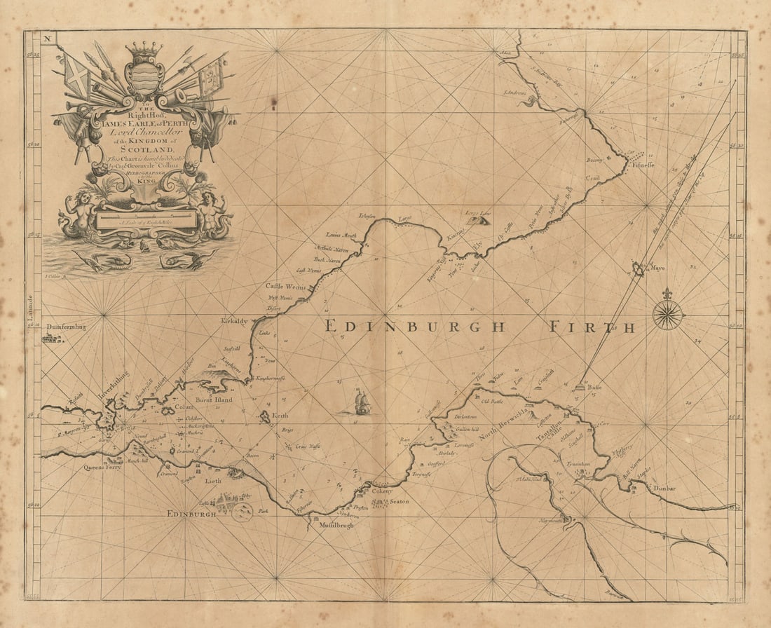 Edinburgh Firth. Firth of Forth sea chart. Lothian & Fife. COLLINS 1693 map: [Edinburgh Firth] - To the Right Hon. James Earle of Perth Lord Chancellor of the Kingdom of Scotland. This chart is humbly dedicated by Capt. Greenvile Collins, Hydrographer to the King. This superb