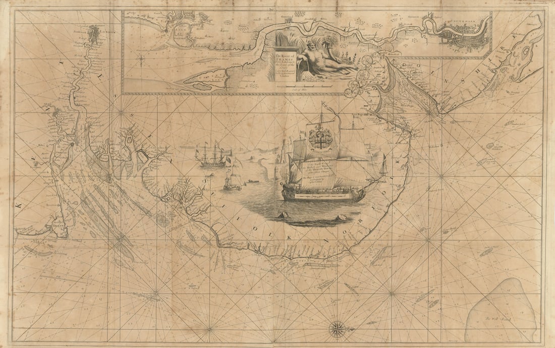 EAST COAST OF ENGLAND & THAMES ESTUARY from London to the Nore.COLLINS 1693 map (1 of 1)