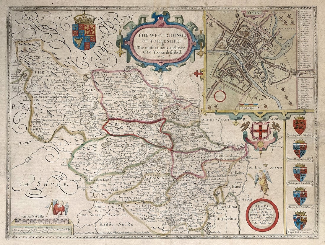 Yorkeshyre. Yorkshire West Riding county map by John Speed. Overton edition 1710: The West Ridinge of Yorkeshyre with the most famous and fayre Citie Yorke described 1610'. The map includes an inset city plan of York . Performed by Johan Speede and are to be sold by Thomas Bassett