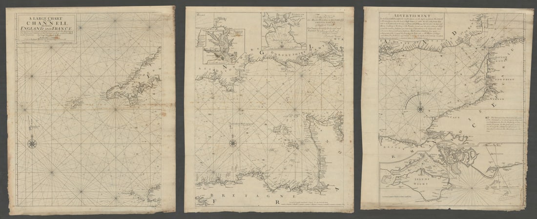 A Large Chart of the Channell between England and France. Tides. HALLEY 1702 map: A Large Chart of the Channell between England and France done from the newest and best surveys with the flowing of the tyde, and setting of the current, as they were observed in the year 1701 by