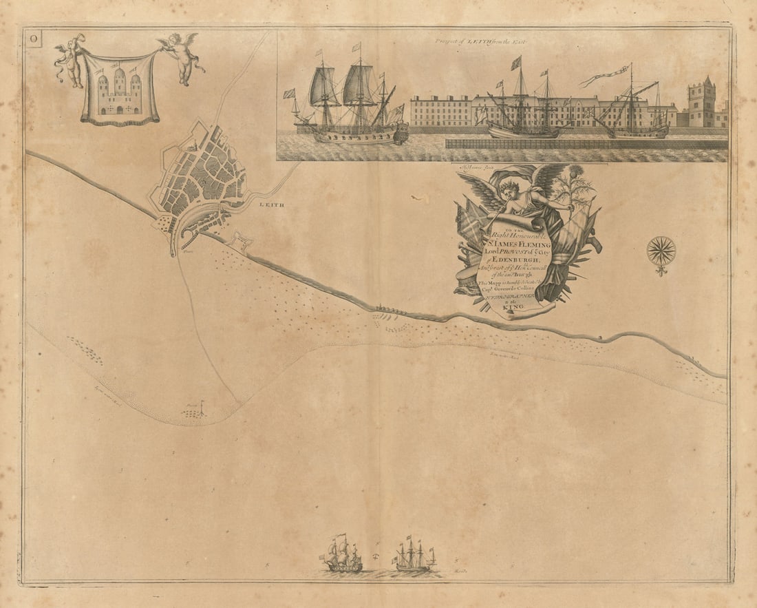 Navigation chart & view of LEITH, by Capt Greenvile COLLINS. Edinburgh 1693 map: [Leith]; Prospect of Leith from the east - To the Right Honourable Sr. James Fleming, Lord Provost of ye City of Edenburgh, and ye rest of ye Honble. Councill of the said Burgh, this mapp is humbly