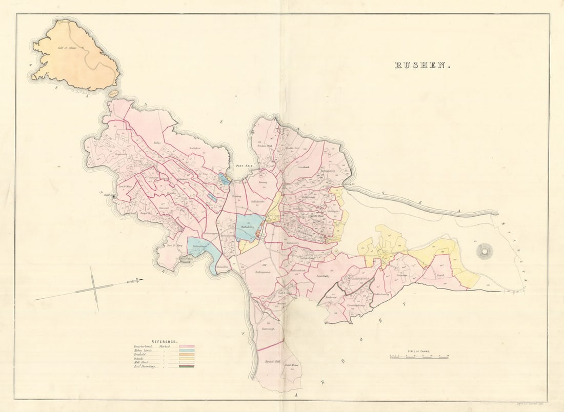 Rushen Parish, Port St. Mary & Port Erin, Isle of Man by James Woods 1829 map: Rushen'. The map covers one of the 17 historic parishes of the Isle of Man. These maps are scarce; at the time of writing, we are unable to find a record that any of these maps have ever been sold