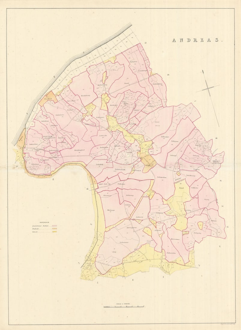 Andreas Parish, Ayre Sheading, Isle of Man by James Woods 1829 old antique map: Andreas'. The map covers one of the 17 historic parishes of the Isle of Man. These maps are scarce; at the time of writing, we are unable to find a record that any of these maps have ever been sold