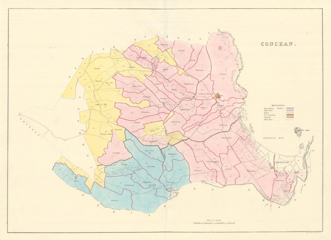 Conchan [Onchan] Parish & Douglas, Middle Sheading, Isle of Man. Woods 1829 map: Conchan [Onchan]. The map covers one of the 17 historic parishes of the Isle of Man. These maps are scarce; at the time of writing, we are unable to find a record that any of these maps have ever