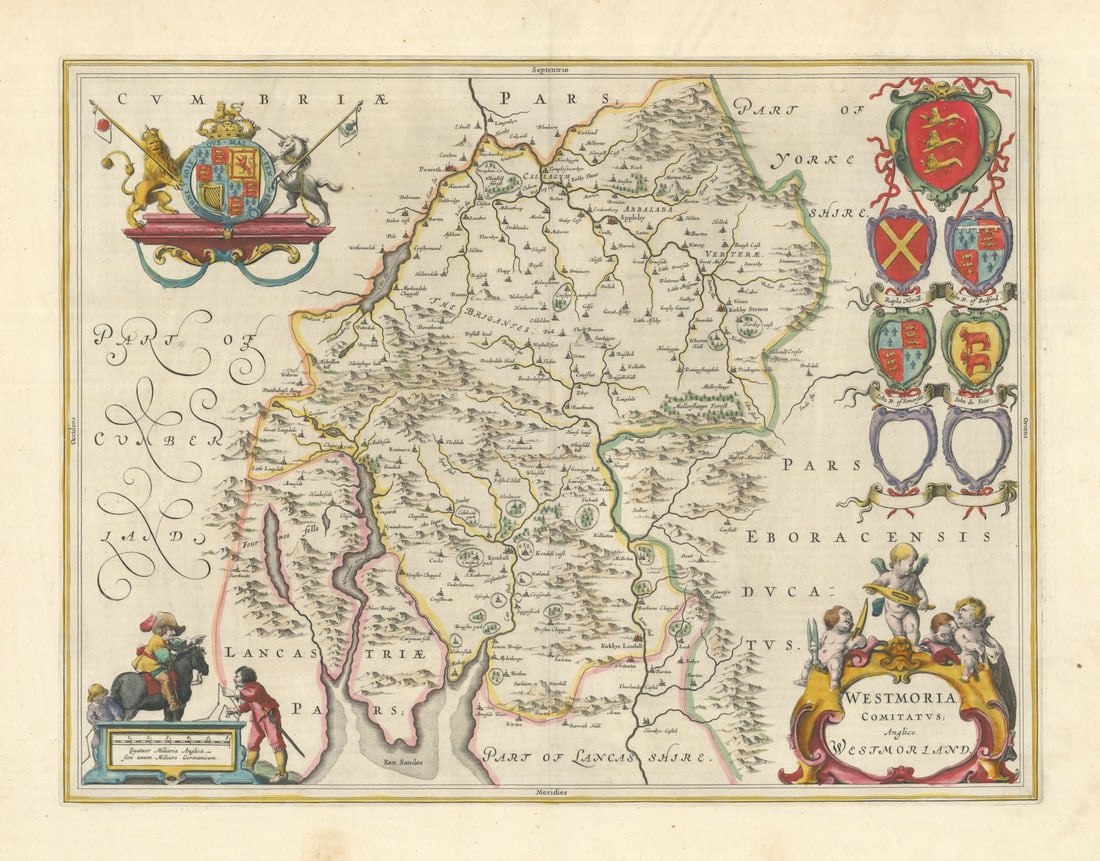 Westmoria Comitatus; Anglice Westmorland. Westmoreland county map by Blaeu 1645: Westmoria Comitatus; Anglice Westmorland [Westmoreland]. Joan/Johannes Blaeu. Published 1645. Original large folio 17th century hand coloured antique map with wide margins. Size 44 x 56 cm | 17.0 x