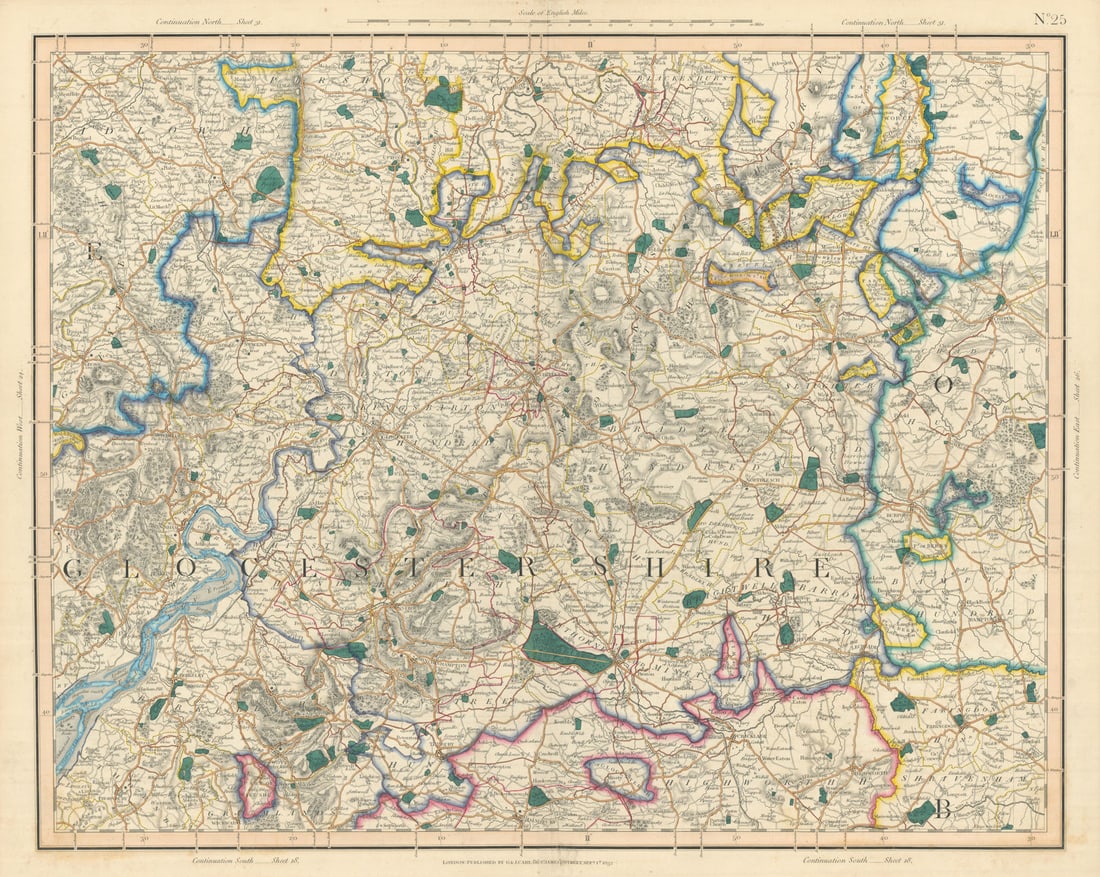 THE COTSWOLDS & SEVERN VALLEY. Gloucestershire & West Oxfordshire. CARY 1832 map: [Sheet 25 - The Cotswolds. Parts of Gloucestershire, Herefordshire, Oxfordshire, Berkshire, Wiltshire] by Cary, George & John. Published 1832. Large antique hand-coloured folding map. Size 55 x 67 cm