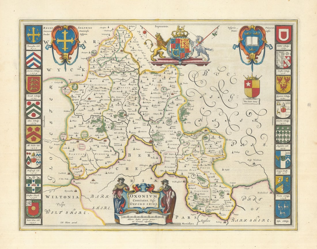 Oxonium Comitatus, vulgo Oxfordshire. County map by Blaeu 1645 old antique: Oxonium Comitatus, vulgo Oxfordshire'. Joan/Johannes Blaeu. Published 1645. Original large folio 17th century hand coloured antique map with wide margins. Size 45 x 57 cm | 17.5 x 22.5 inches.