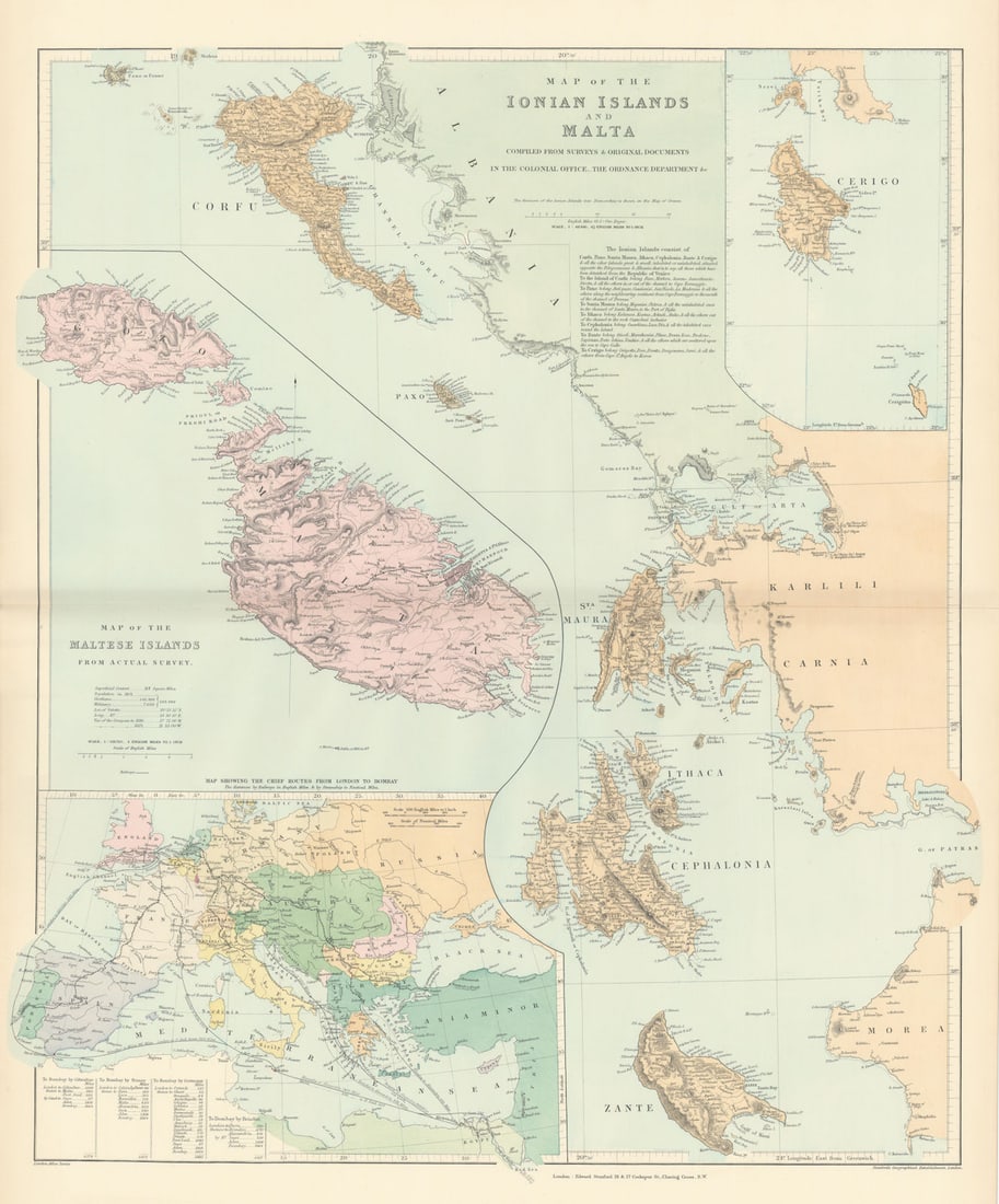 Ionian Islands & Malta. Corfu Zante Kefalonia Kythira Lefkada. STANFORD 1896 map: A Map of the Ionian Islands and Malta // Map of the Maltese Islands from Actual Survey // Map showing the chief routes from London to Bombay'. Stanford's Geographical Establishment. Published 1896. La
