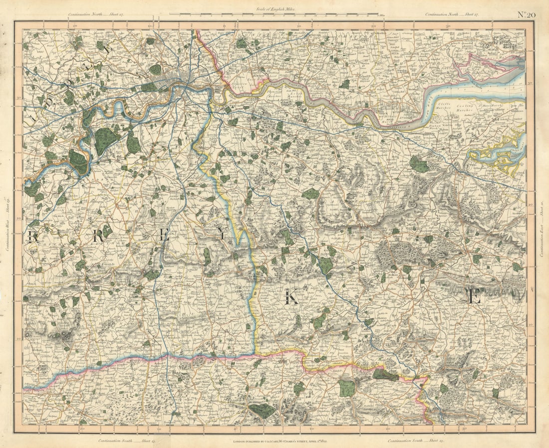 LONDON, THAMES ESTUARY, NORTH DOWNS & HIGH WEALD. W Kent, E Surrey CARY 1832 map: [Sheet 20 - London, parts of Middlesex, Essex, Kent, Surrey, Sussex. High Weald, North Downs] by Cary, George & John. Published 1832. Large antique hand-coloured folding map. Size 55 x 67 cm | 21.5 x