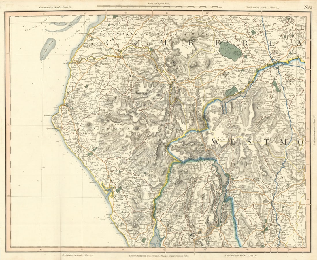 THE ENGLISH LAKE DISTRICT. Cumberland, Westmoreland & Lancashire. CARY 1832 map: [Sheet 52 - The Lake District. South Cumberland, West Westmoreland and part of Lancashire] by Cary, George & John. Published 1832. Large antique hand-coloured folding map. Size 55 x 67 cm | 21.5 x 26.