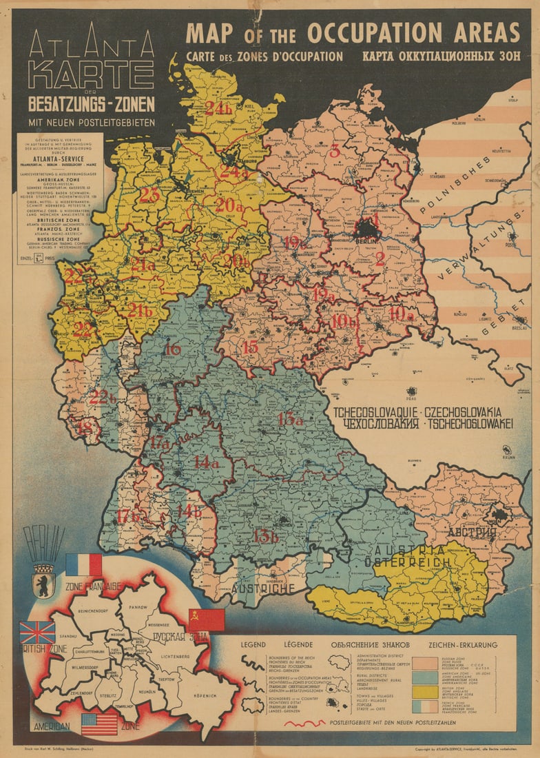 Atlanta Karte der Besatzungs-Zonen. Map of the Occupation Areas of Germany 1946: Atlanta Karte der Besatzungs-Zonen mit neuen Postleitgebieten - Map of the Occupation Areas - Carte des Zones d'Occupation'. A map of Germany and Austria shortly after the end of the Second World War.