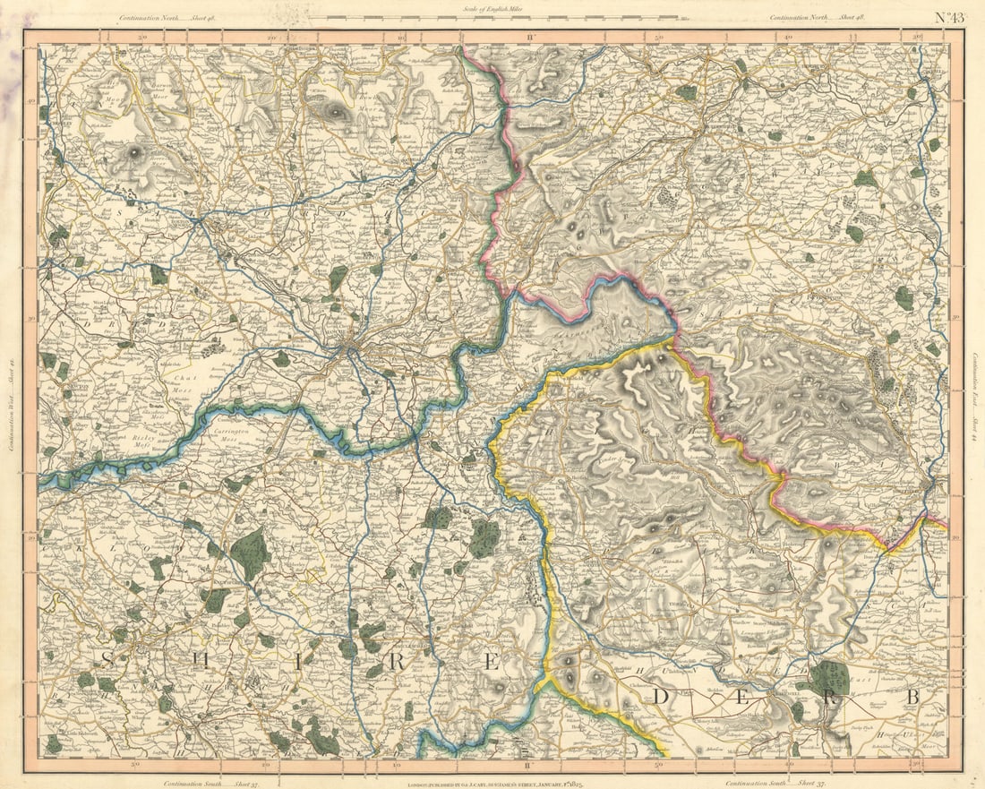 PEAK DISTRICT. Derbyshire Lancashire Cheshire Yorkshire Manchester CARY 1832 map: [Sheet 43 - Parts of Lancashire, Cheshire, Derbyshire, Yorkshire. The Peak District] by Cary, George & John. Published 1832. Large antique hand-coloured folding map. Size 55 x 67 cm | 21.5 x 26.0 inch