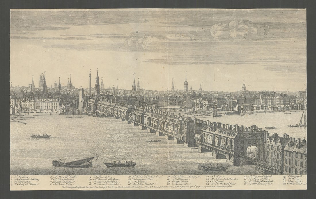 Part Panorama of the City & London Bridge. 53x33cm. Samuel & Nathaniel Buck 1749: [Part Panorama of the River Thames, London Bridge and the City of London from St Mary Overy]. This part-panorama of London Bridge and the eastern part of the City of London is incomplete but still con