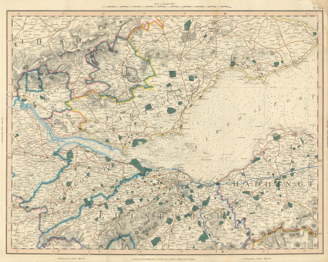 FIRTH OF FORTH. Fife & Lothian. Linlithgow Edinburgh Dunfermline. CARY 1832 map: [Sheet 64 - Firth of Forth. Linlithgowshire, Edinburghshire, Fifeshire, Kinross-shire, Clackmannanshire; Parts of Perthshire, Lanarkshire, Haddingtonshire, Peebles-shire, Berwickshire] by Cary, George